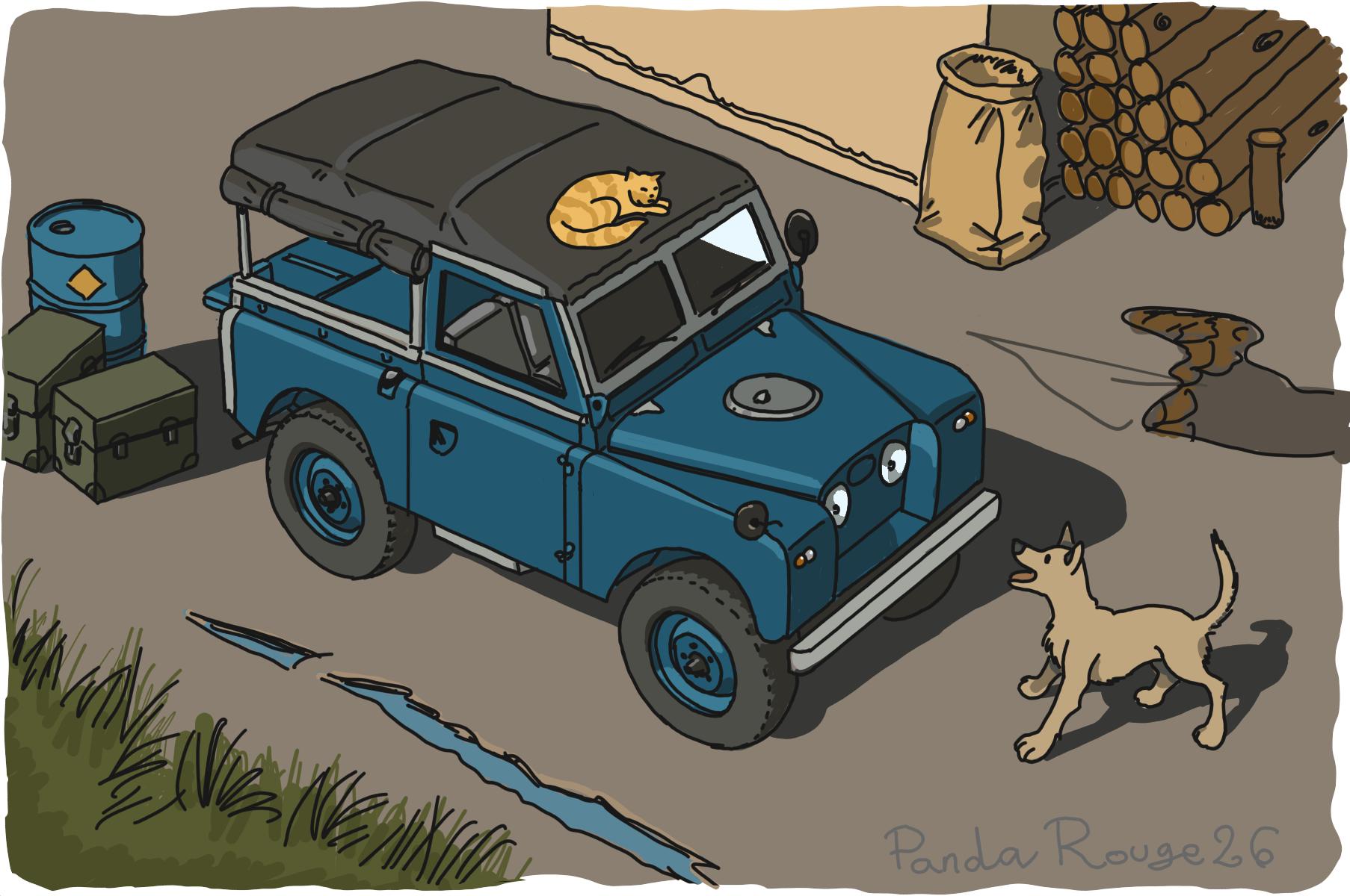 Land Rover SIIA sketch with dog
                and cat